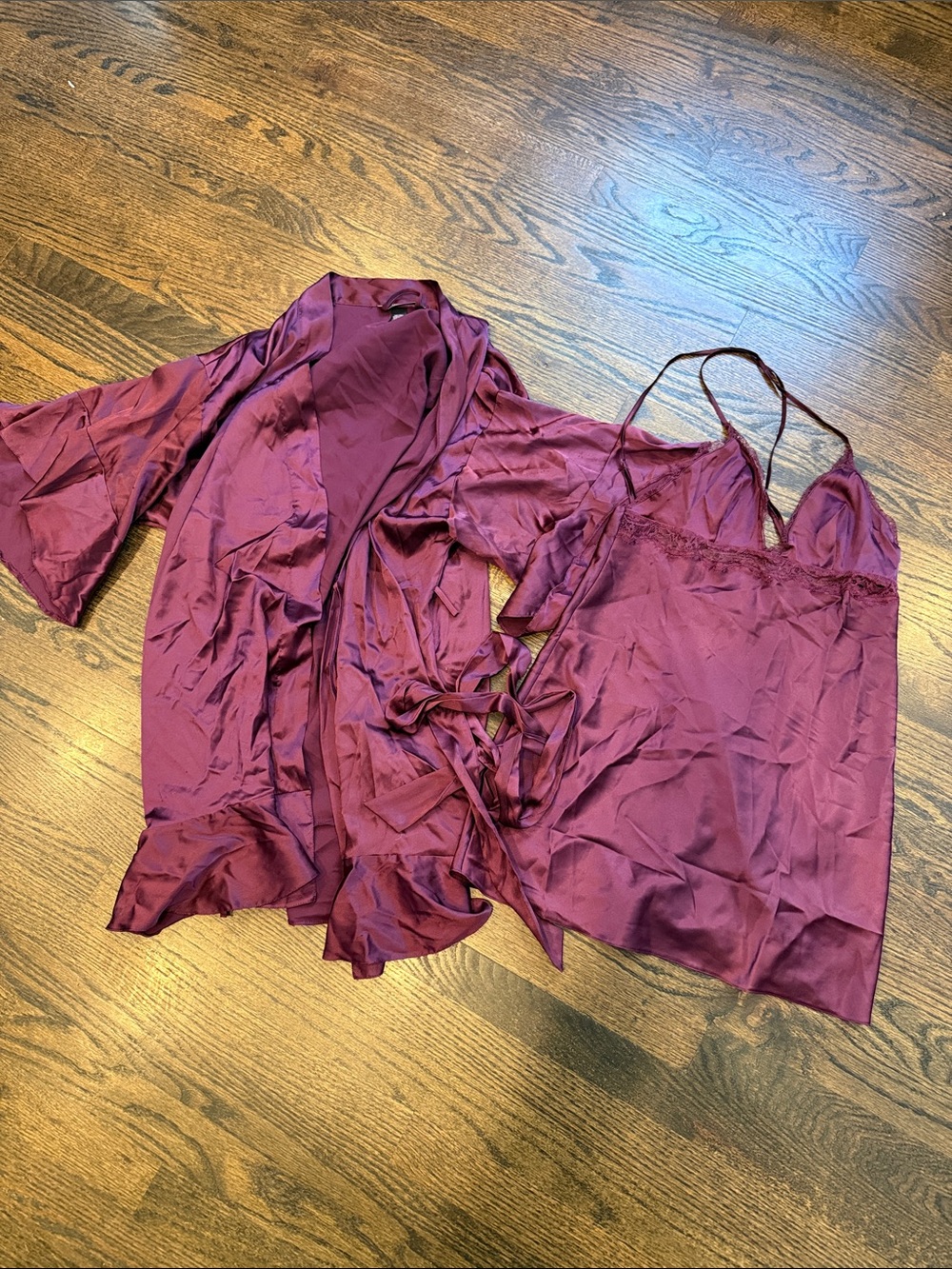 Silky Burgundy Lace-Trim Camisole & Robe Set - Women Intimates